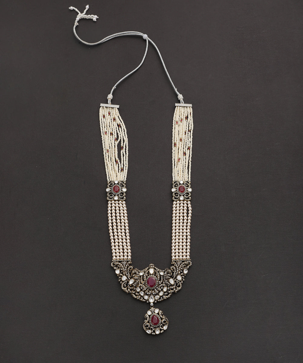 Dhairya_Handcrafted_Silver_Alloy_Necklace_With_Moissanite_Polki_And_Pearls_WeaverStory_02