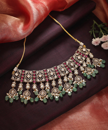 Lavanya_Handcrafted_Silver_Alloy_With_Pink_And_Green_Semi_Precious_Stones_WeaverStory_01