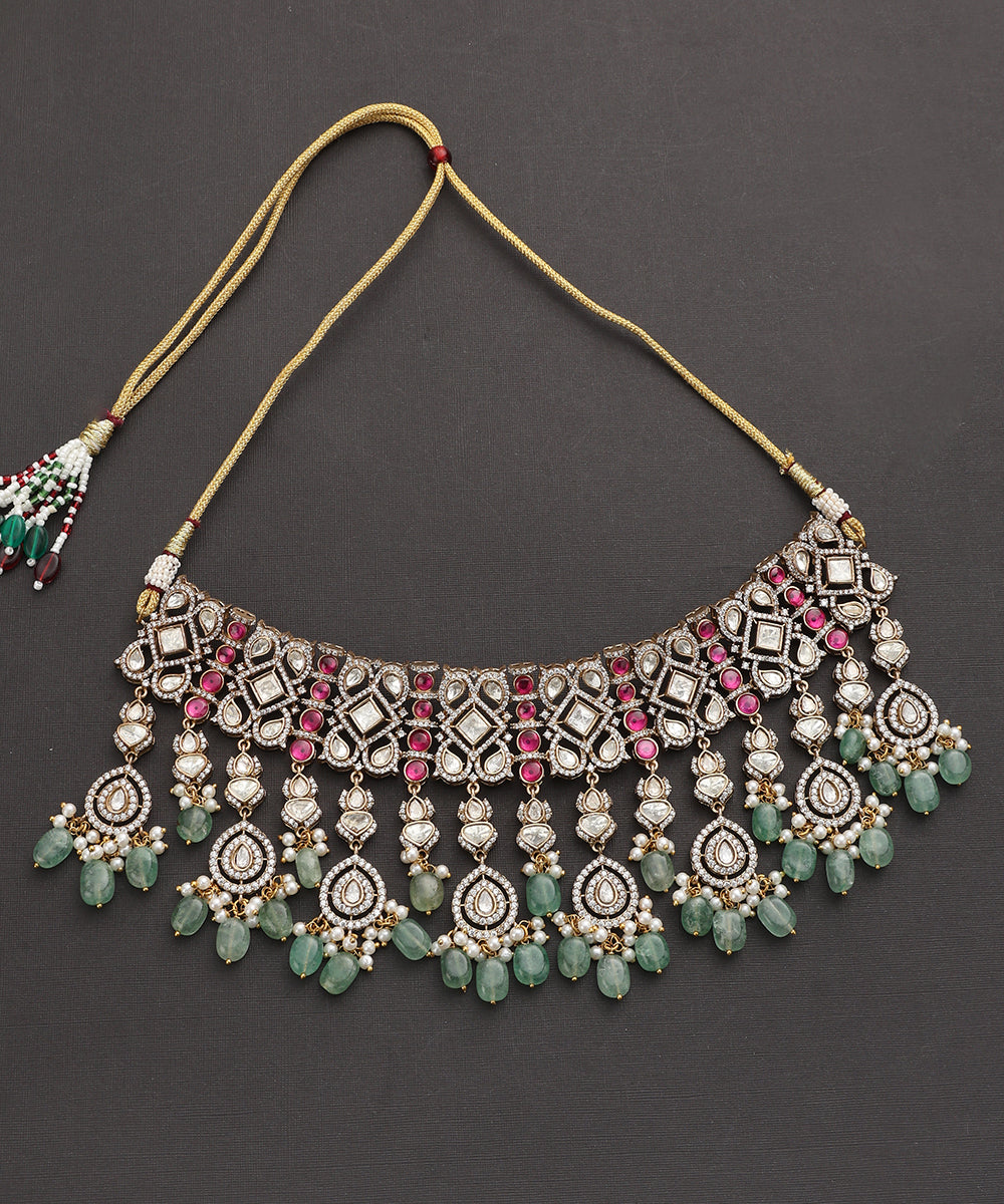 Lavanya_Handcrafted_Silver_Alloy_With_Pink_And_Green_Semi_Precious_Stones_WeaverStory_02