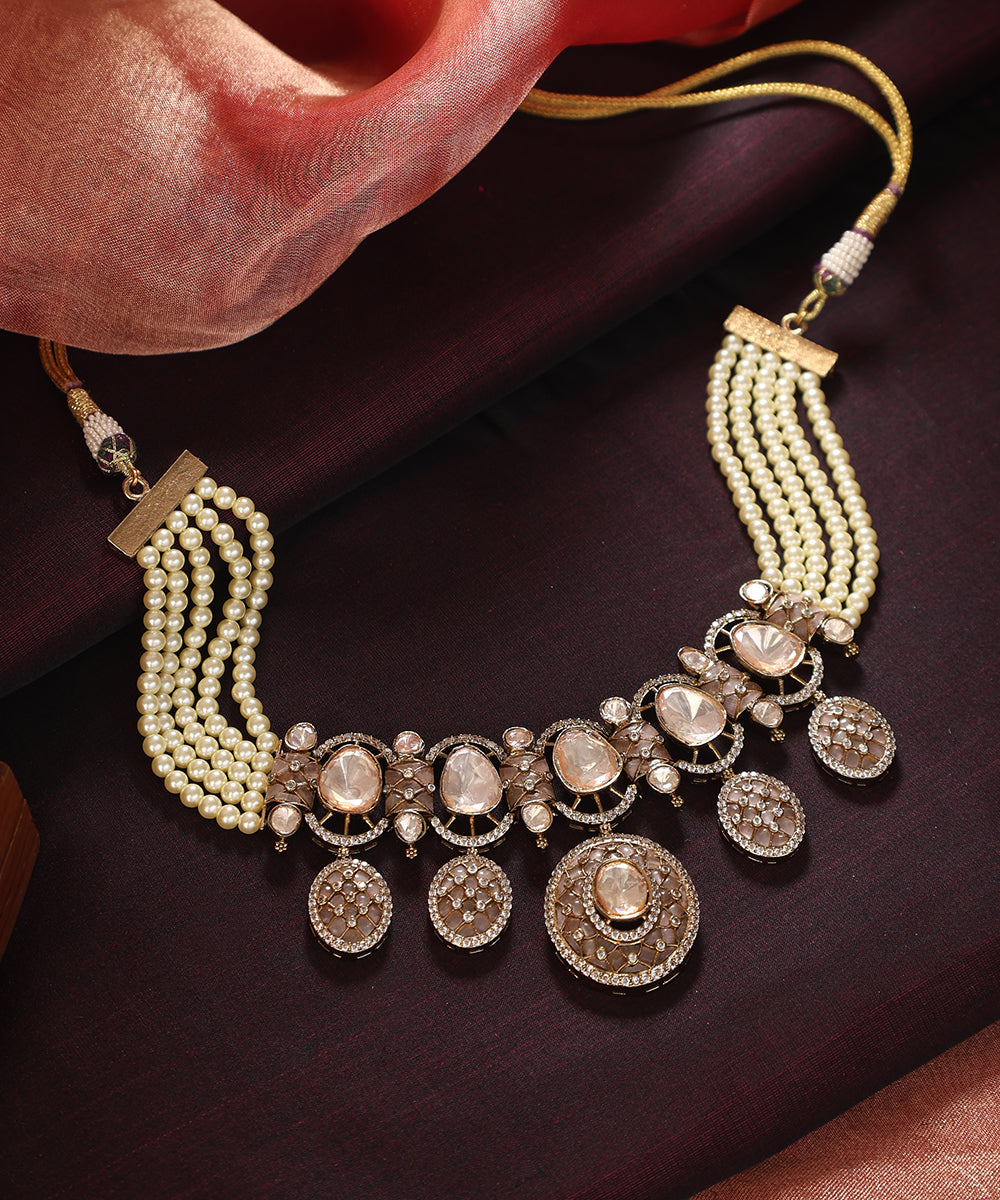 Shivanya_Handcrafted_Silver_Alloy_Necklace_With_Moissanite_Polki_And_Pink_Meena_WeaverStory_01