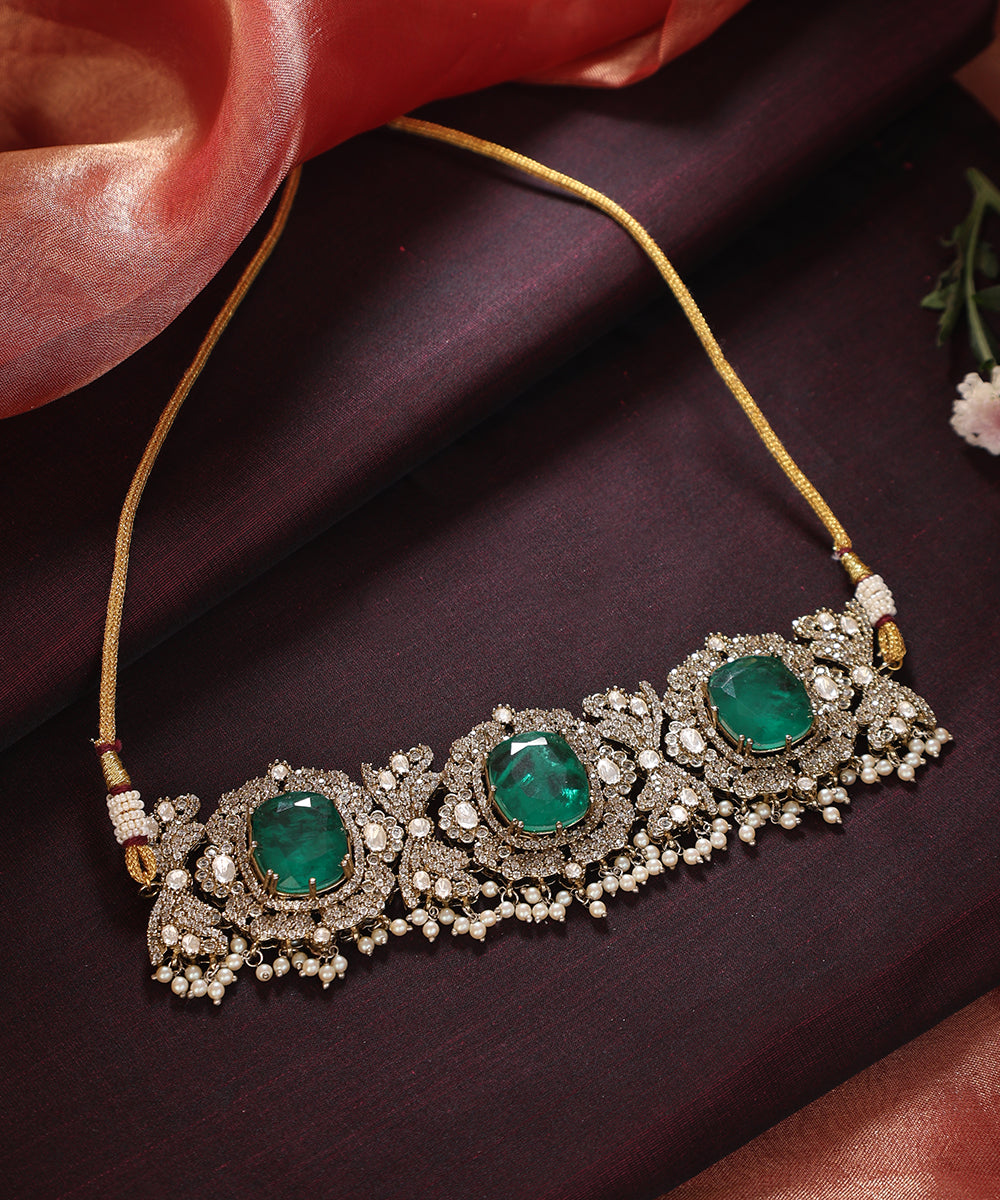 Shreya_Handcrafted_Silver_Alloy_Necklace_With_Moissanite_Polki_And_Green_Semi_Precious_Stones_WeaverStory_01