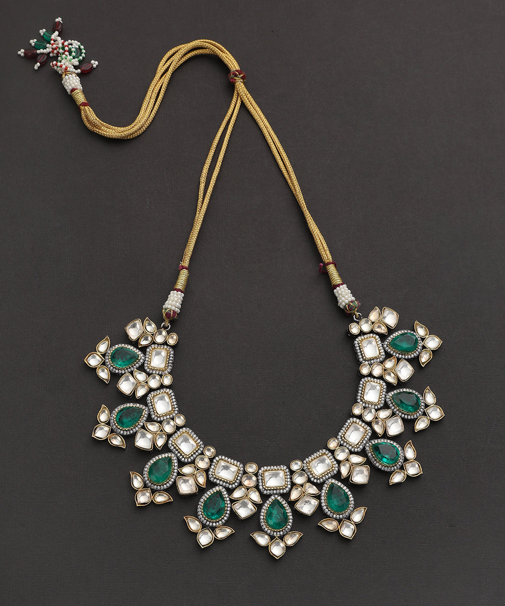 Tiya_Handcrafted_Silver_Alloy_Necklace_With_Moissanite_Polki_And_Green_Semi_Precious_Stones_WeaverStory_02