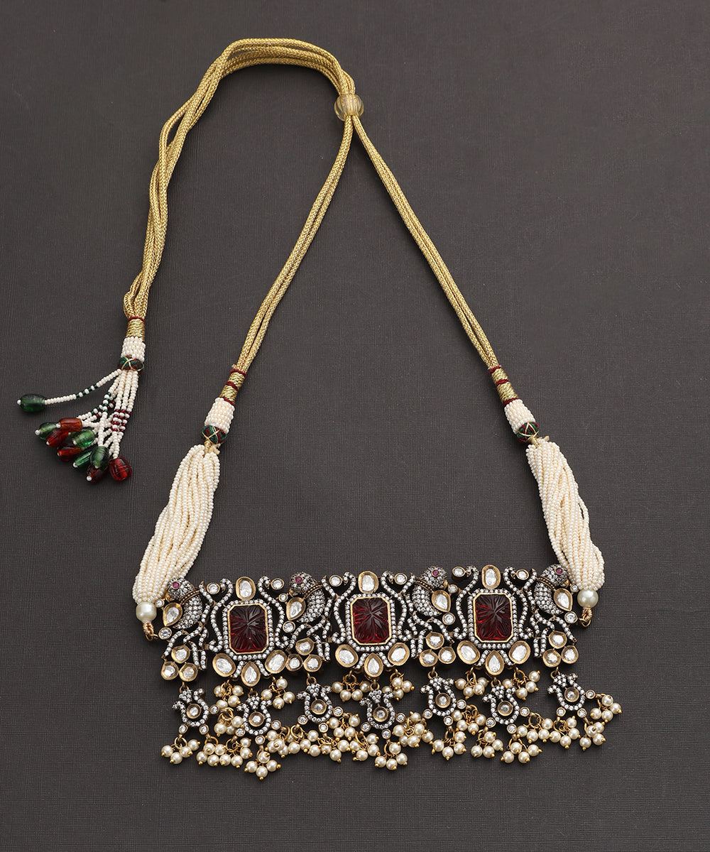 Roja_Handcrafted_Silver_Alloy_Necklace_With_Moissanite_Polki_And_Red_Semi_Precious_Stones_WeaverStory_02