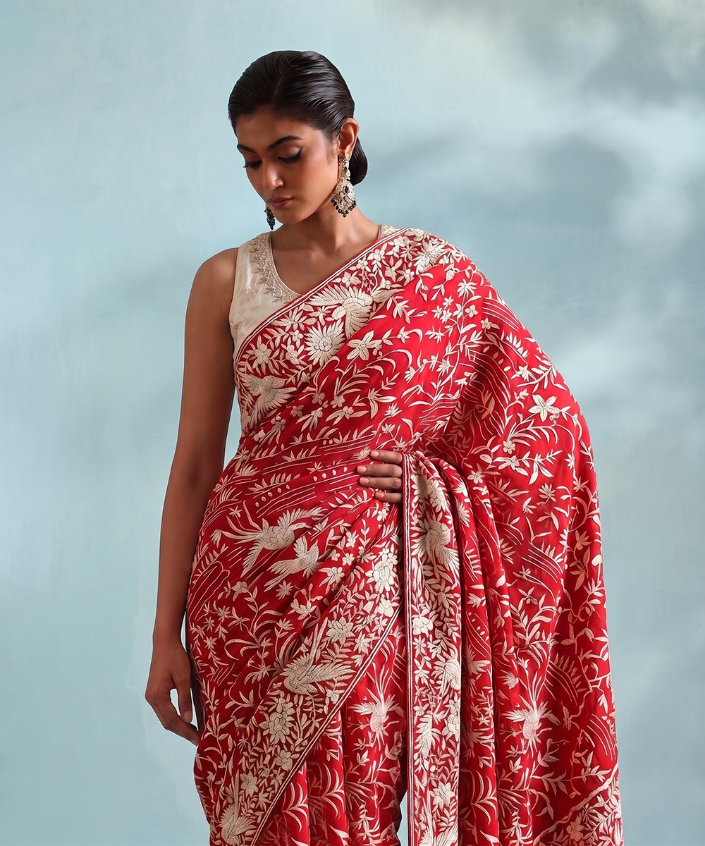 Red Pure Crepe Silk Parsi Gara Saree with Ivory Hand Embroidery, Bird and Floral Motifs by WeaverStory.