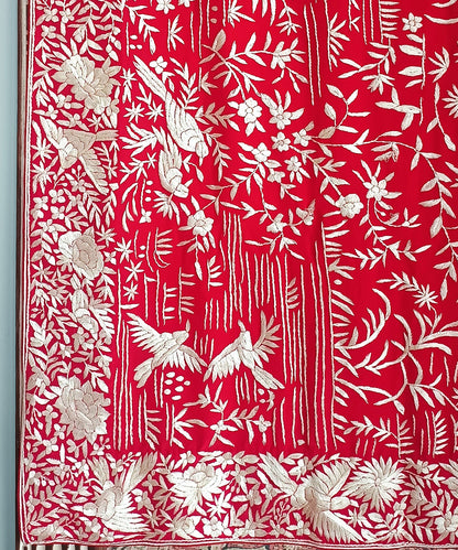 Red Pure Crepe Silk Parsi Gara Saree With Ivory Hand Embroidery
