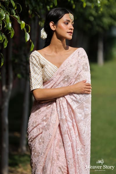 Floral Hued Peach Chikankari Saree