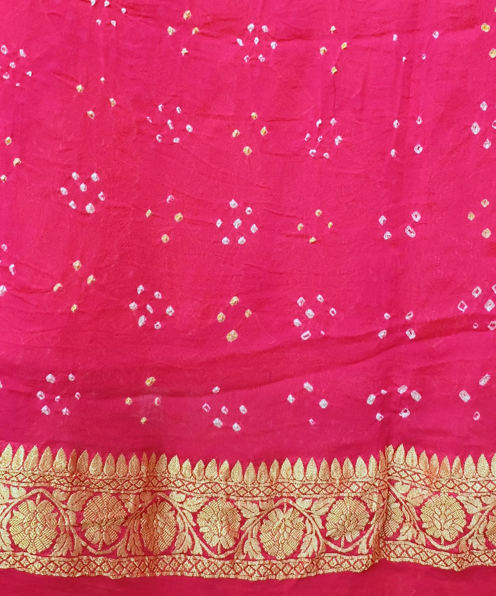 Handloom Coral And Pink Pure Georgette Banarasi Bandhej Saree