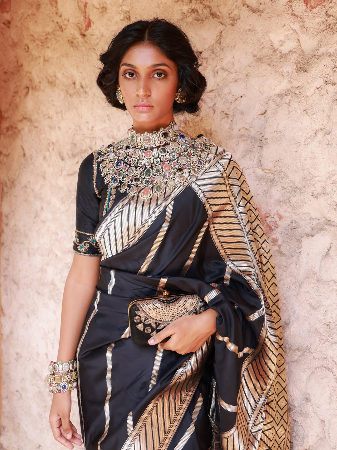 Handloom Black Pure Katan Silk Banarasi Saree With Aada Bel