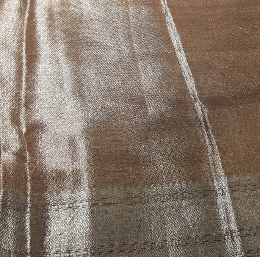 Gold Pure Tissue Kora Silk Banarasi Tanchoi Saree With Silver Zari Border