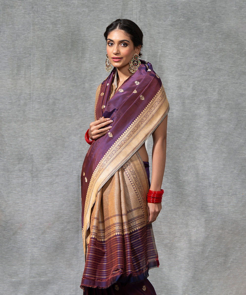 Wine Handloom Kadhwa Booti Pure Katan Silk Banarasi Saree With Grey Selvedge