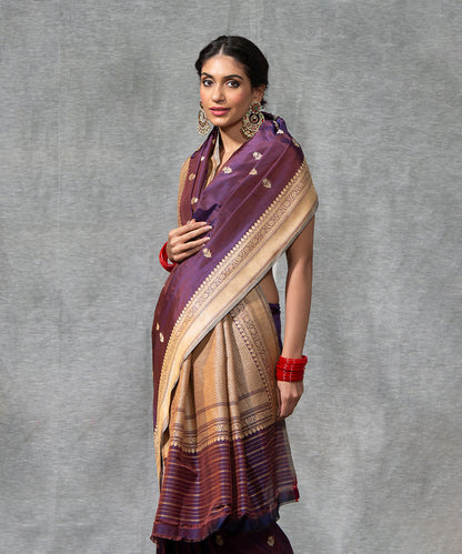 Wine Handloom Kadhwa Booti Pure Katan Silk Banarasi Saree With Grey Selvedge
