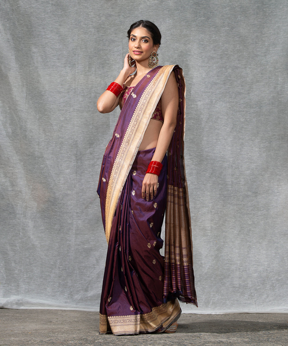 Wine Handloom Kadhwa Booti Pure Katan Silk Banarasi Saree With Grey Selvedge