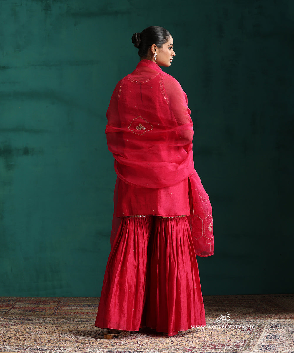 Rani PInk Hand Embroidered Pure Chanderi Gota Patti Gharara With Short Kurta And Dupatta