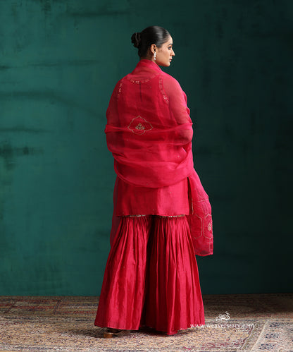 Rani PInk Hand Embroidered Pure Chanderi Gota Patti Gharara With Short Kurta And Dupatta