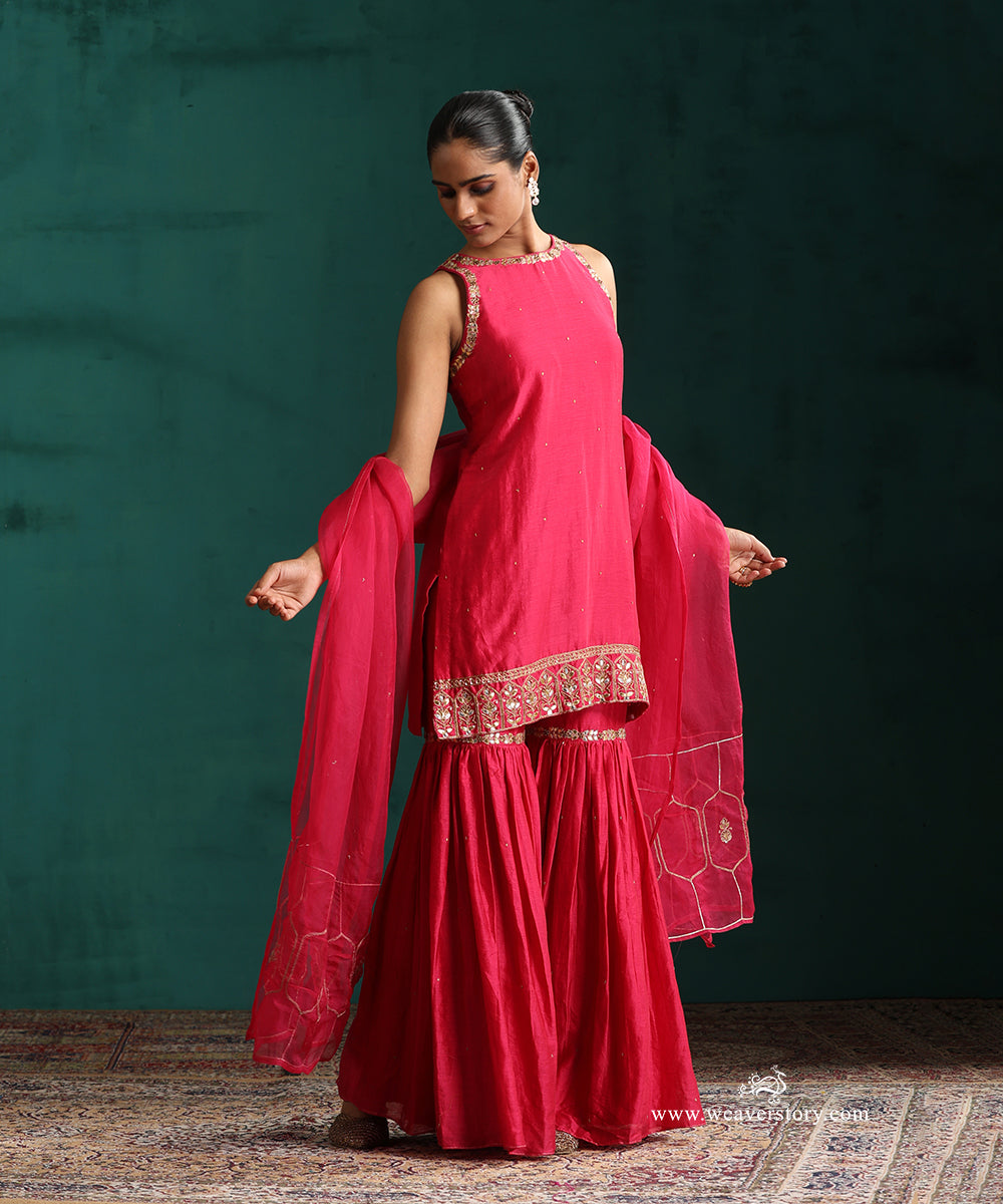 Rani PInk Hand Embroidered Pure Chanderi Gota Patti Gharara With Short Kurta And Dupatta