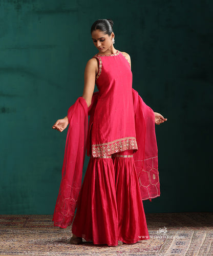 Rani PInk Hand Embroidered Pure Chanderi Gota Patti Gharara With Short Kurta And Dupatta