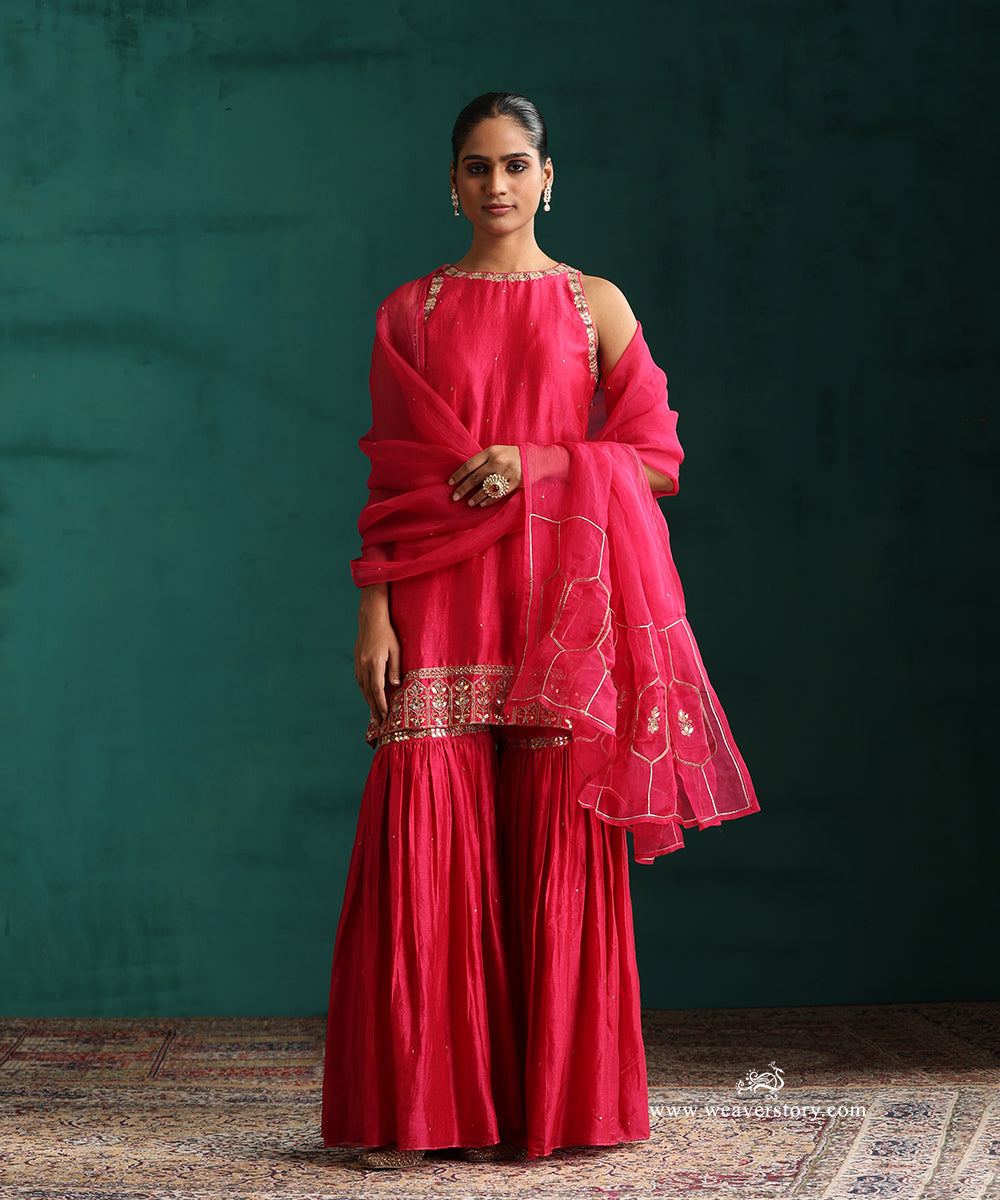 Rani PInk Hand Embroidered Pure Chanderi Gota Patti Gharara With Short Kurta And Dupatta