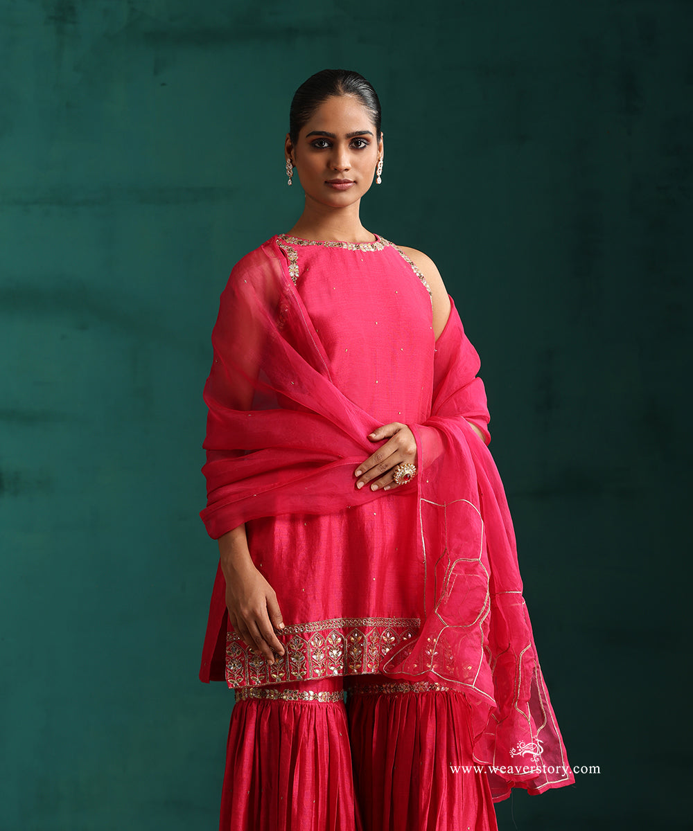Rani PInk Hand Embroidered Pure Chanderi Gota Patti Gharara With Short Kurta And Dupatta