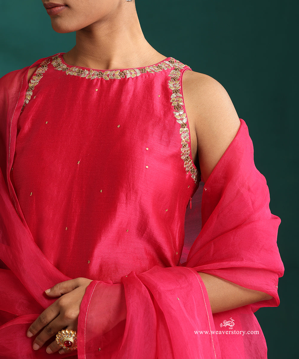 Rani PInk Hand Embroidered Pure Chanderi Gota Patti Gharara With Short Kurta And Dupatta