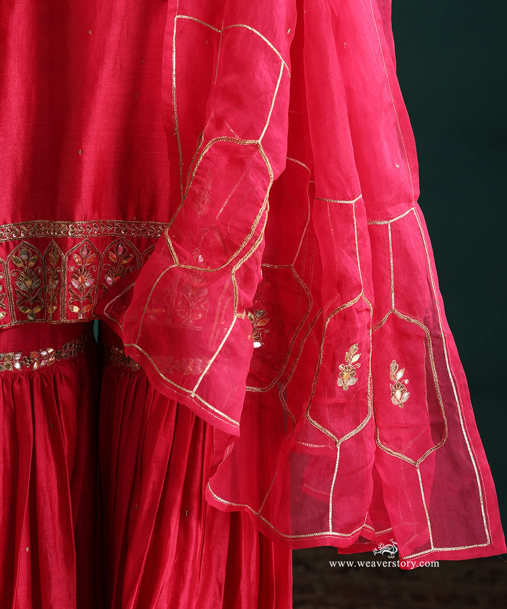 Rani PInk Hand Embroidered Pure Chanderi Gota Patti Gharara With Short Kurta And Dupatta