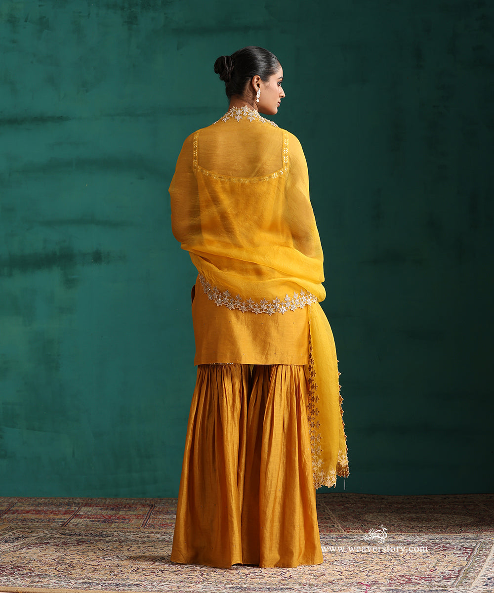 Mustard Hand Embroidered Pure Chanderi Gota Patti Gharara Set With Organza Dupatta