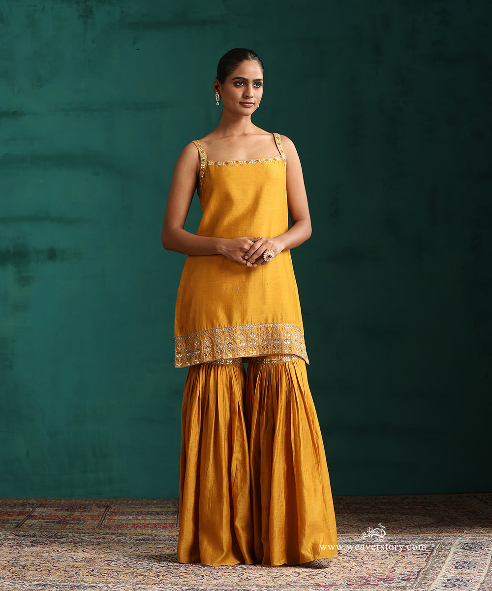 Mustard Hand Embroidered Pure Chanderi Gota Patti Gharara Set With Organza Dupatta