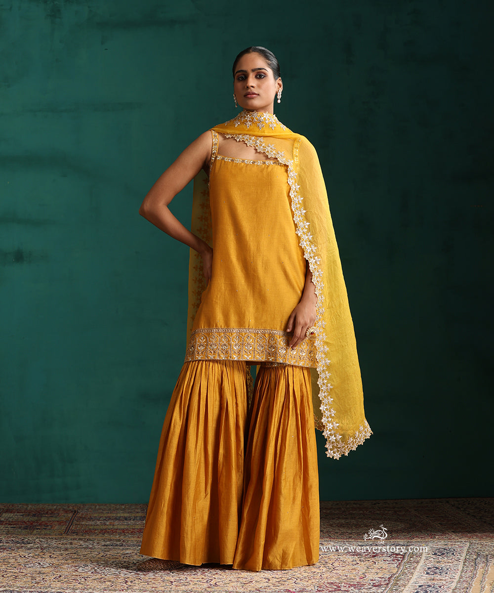 Mustard Hand Embroidered Pure Chanderi Gota Patti Gharara Set With Organza Dupatta