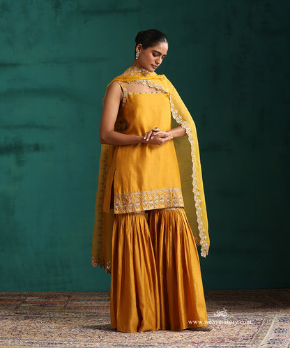 Mustard Hand Embroidered Pure Chanderi Gota Patti Gharara Set With Organza Dupatta