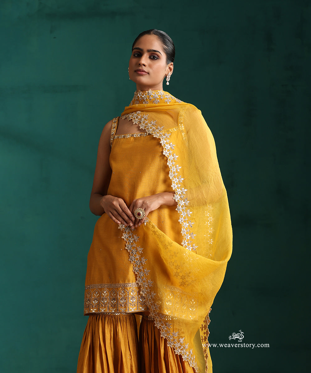 Mustard Hand Embroidered Pure Chanderi Gota Patti Gharara Set With Organza Dupatta