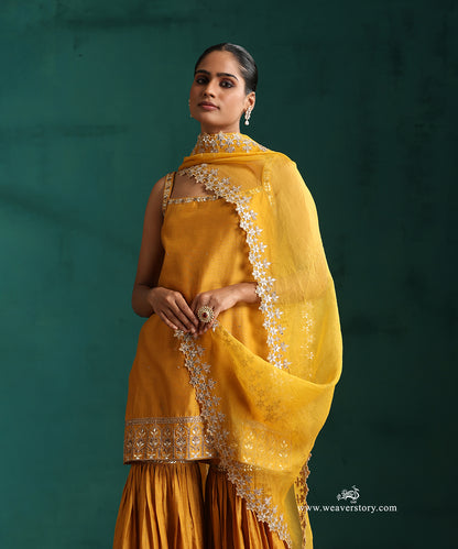 Mustard Hand Embroidered Pure Chanderi Gota Patti Gharara Set With Organza Dupatta