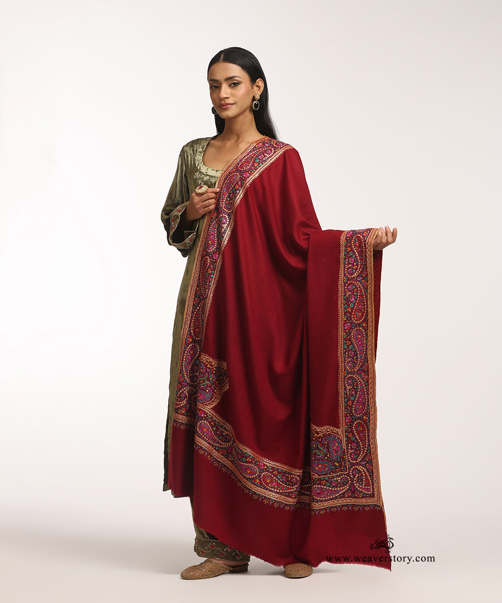 Handwoven Maroon Pure Pashmina Shawl With Awakari Tilla Work