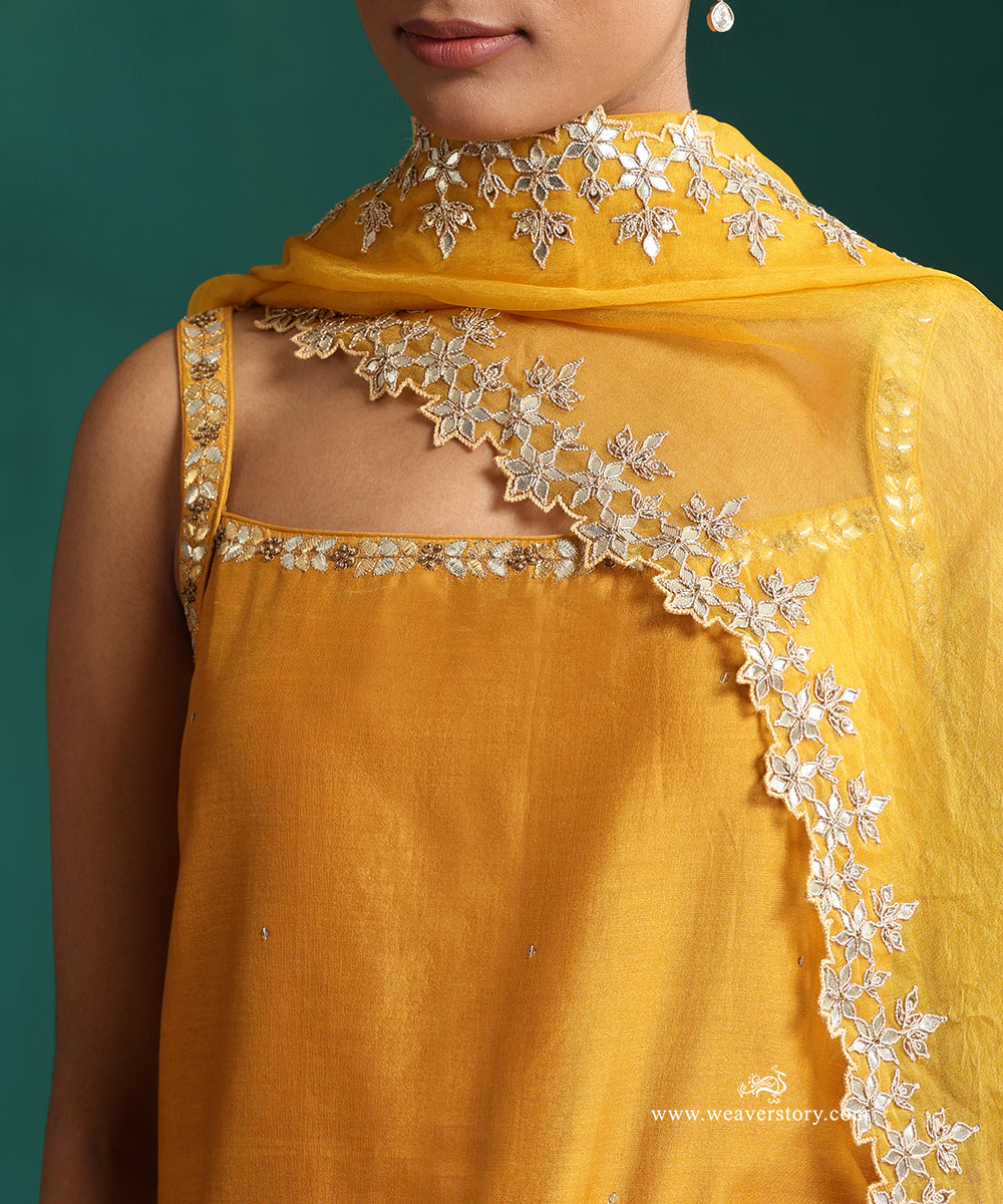 Mustard Hand Embroidered Pure Chanderi Gota Patti Gharara Set With Organza Dupatta
