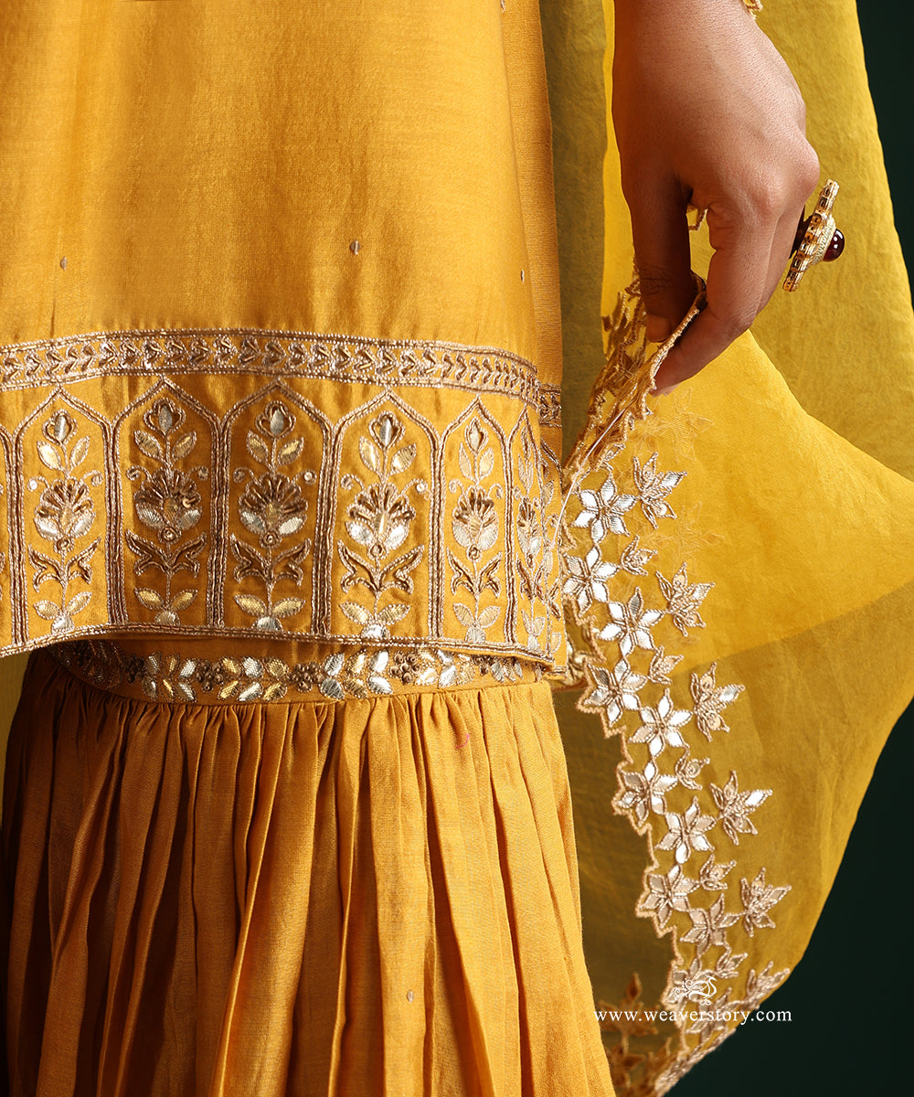 Mustard Hand Embroidered Pure Chanderi Gota Patti Gharara Set With Organza Dupatta