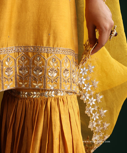 Mustard Hand Embroidered Pure Chanderi Gota Patti Gharara Set With Organza Dupatta