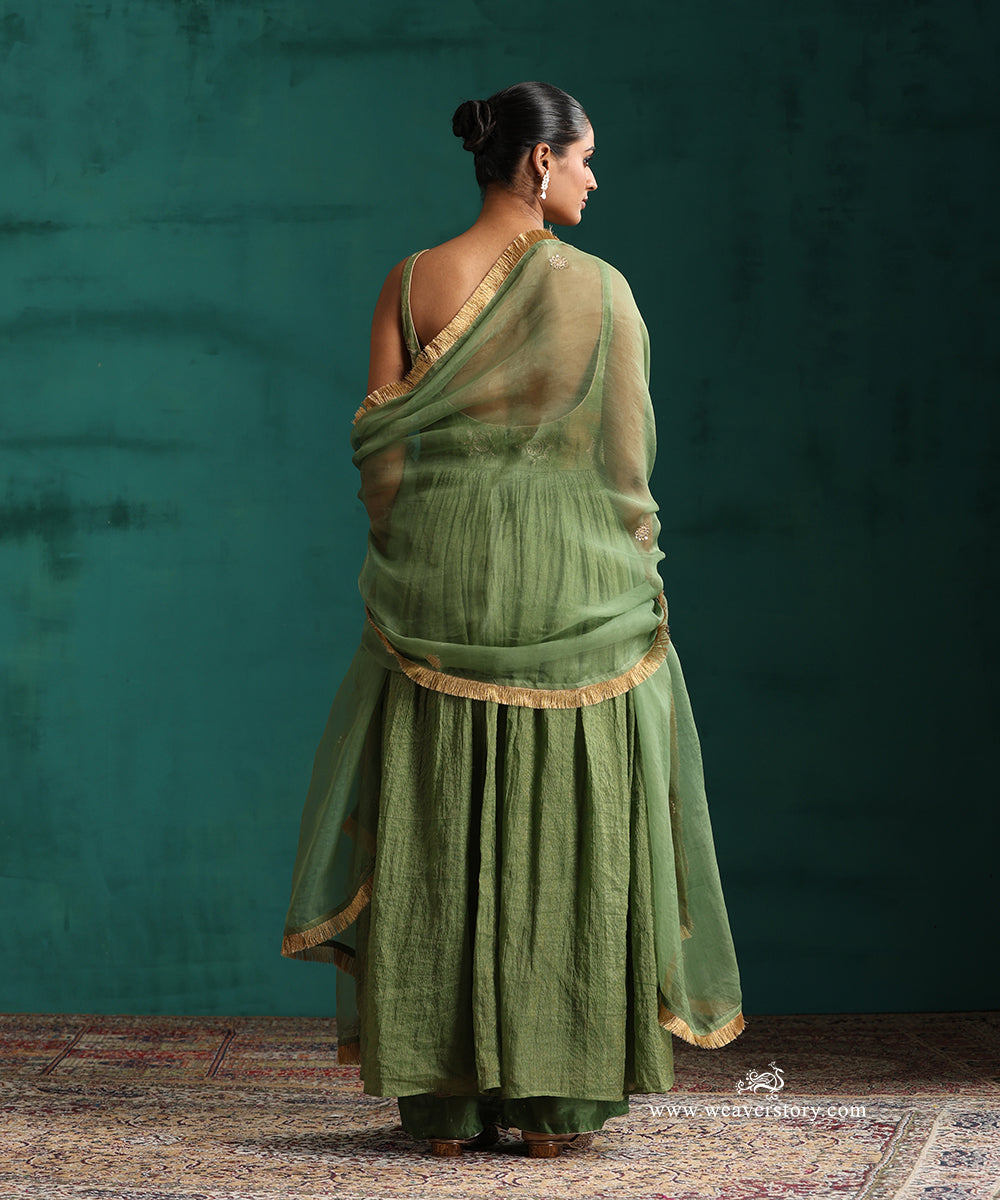 Green Hand Embroidered Anarkali Kurta in Tissue Chanderi with Organza Dupatta and Wide Pants