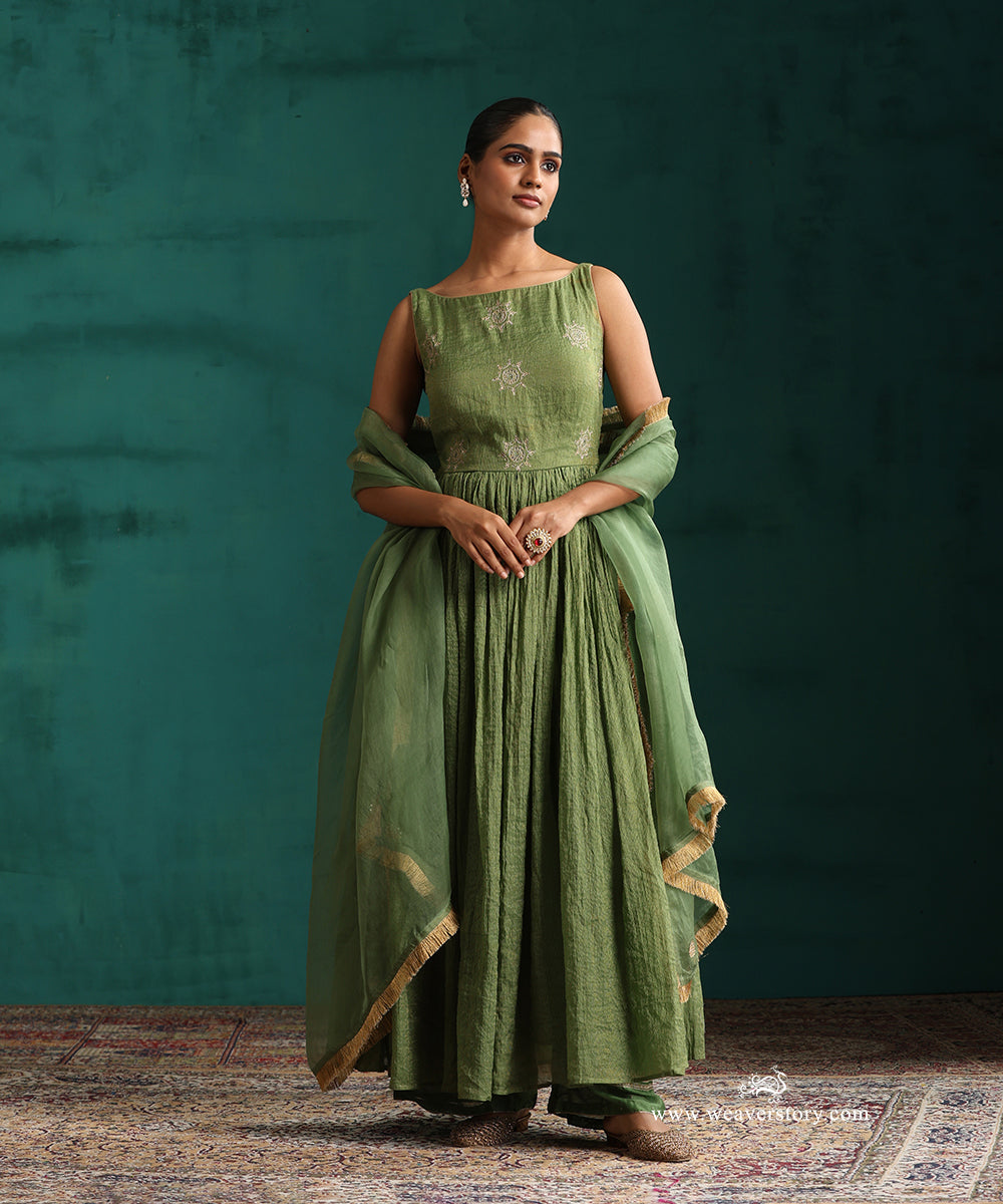 Green Hand Embroidered Anarkali Kurta in Tissue Chanderi with Organza Dupatta and Wide Pants