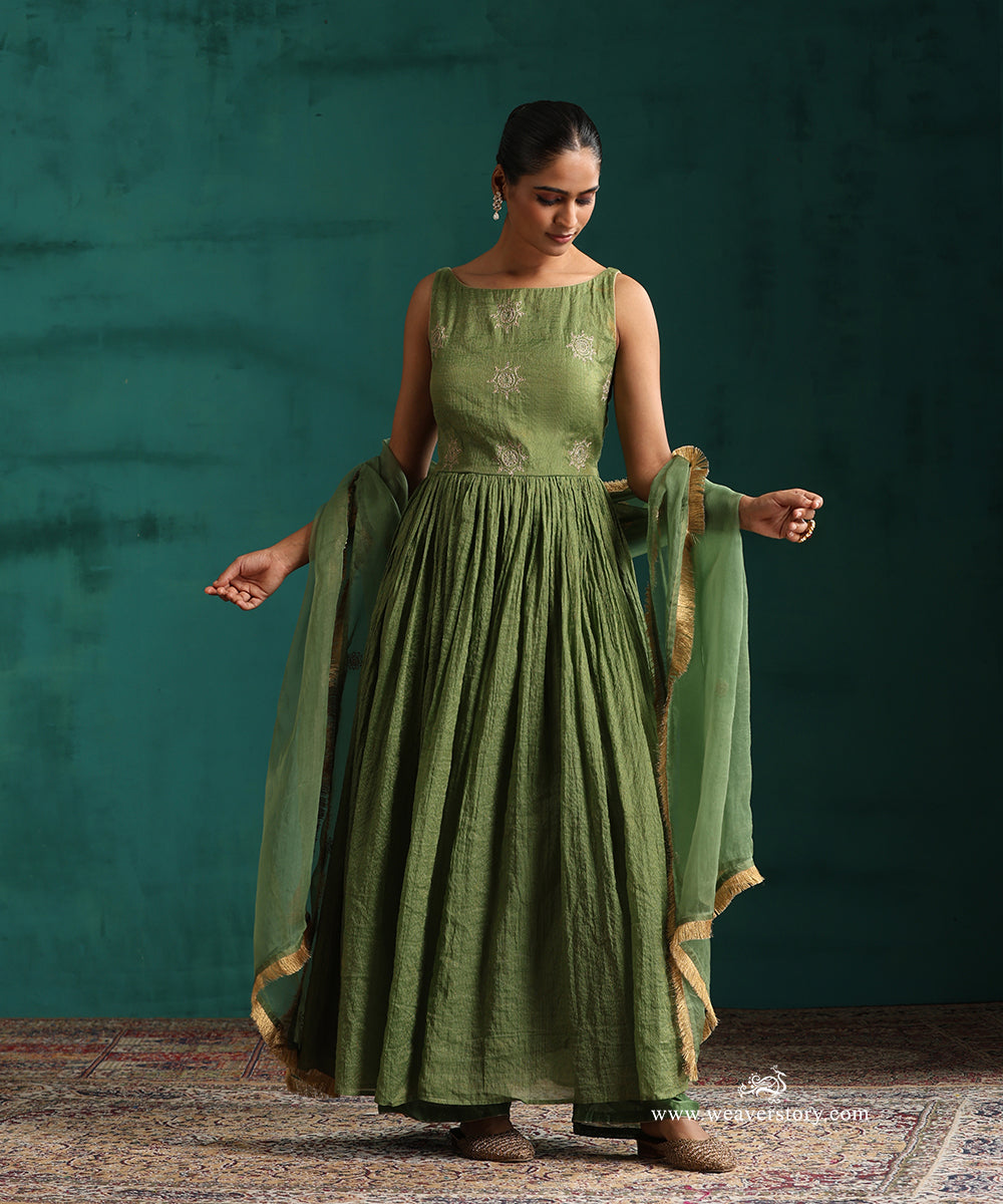 Green Hand Embroidered Anarkali Kurta in Tissue Chanderi with Organza Dupatta and Wide Pants