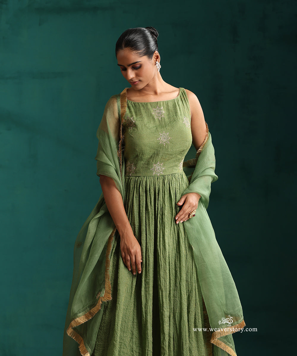 Green Hand Embroidered Anarkali Kurta in Tissue Chanderi with Organza Dupatta and Wide Pants
