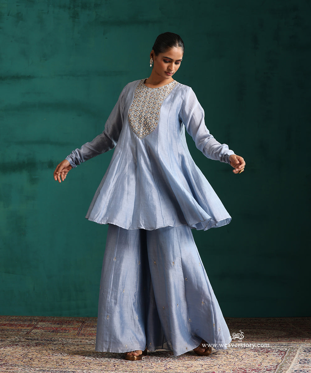 Light Blue Hand Embroidered Pure Chanderi Gota Patti Sharara Set