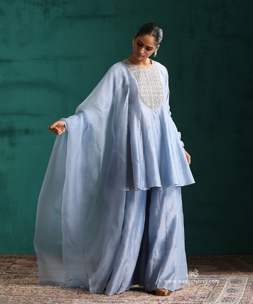 Light Blue Hand Embroidered Pure Chanderi Gota Patti Sharara Set
