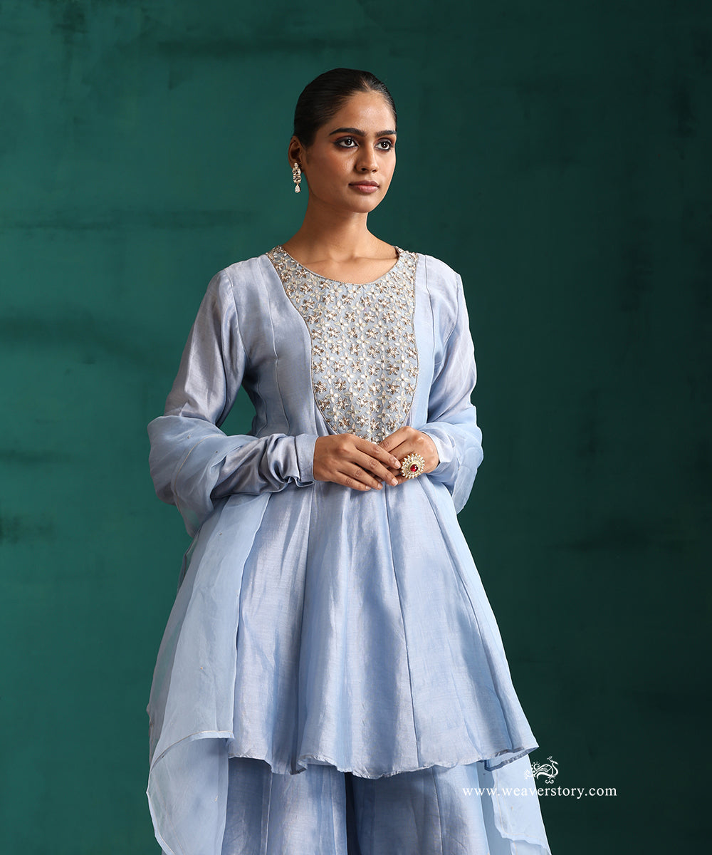 Light Blue Hand Embroidered Pure Chanderi Gota Patti Sharara Set