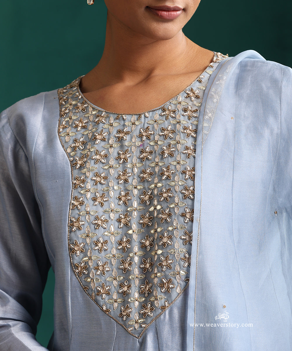 Light Blue Hand Embroidered Pure Chanderi Gota Patti Sharara Set