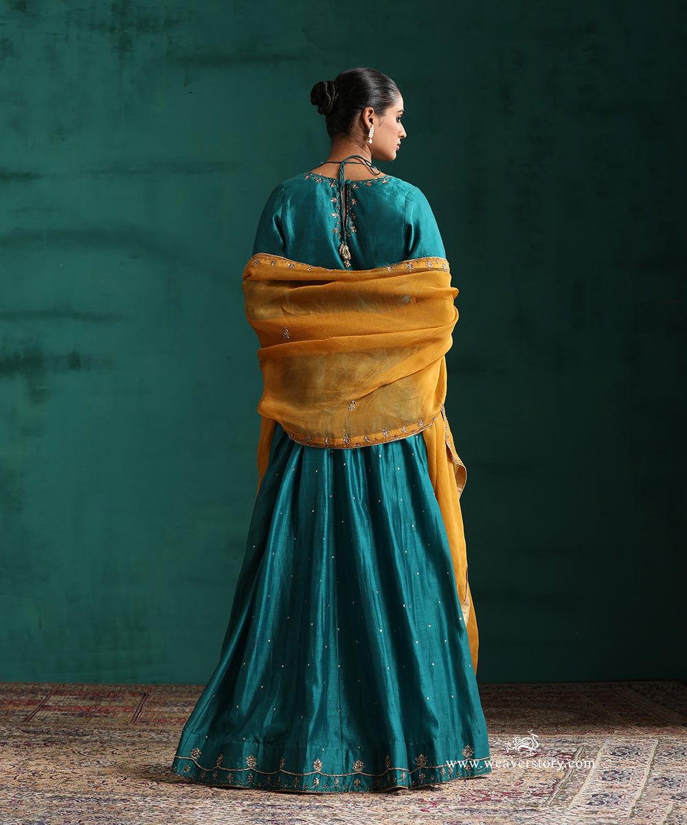 Handloom Teal Chanderi Hand Embroidered Lehenga Set with Mustard Organza Dupatta