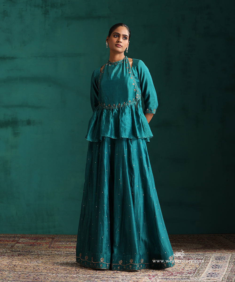 Handloom Teal Chanderi Hand Embroidered Lehenga Set with Mustard Organza Dupatta