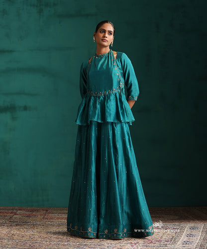 Handloom Teal Chanderi Hand Embroidered Lehenga Set with Mustard Organza Dupatta