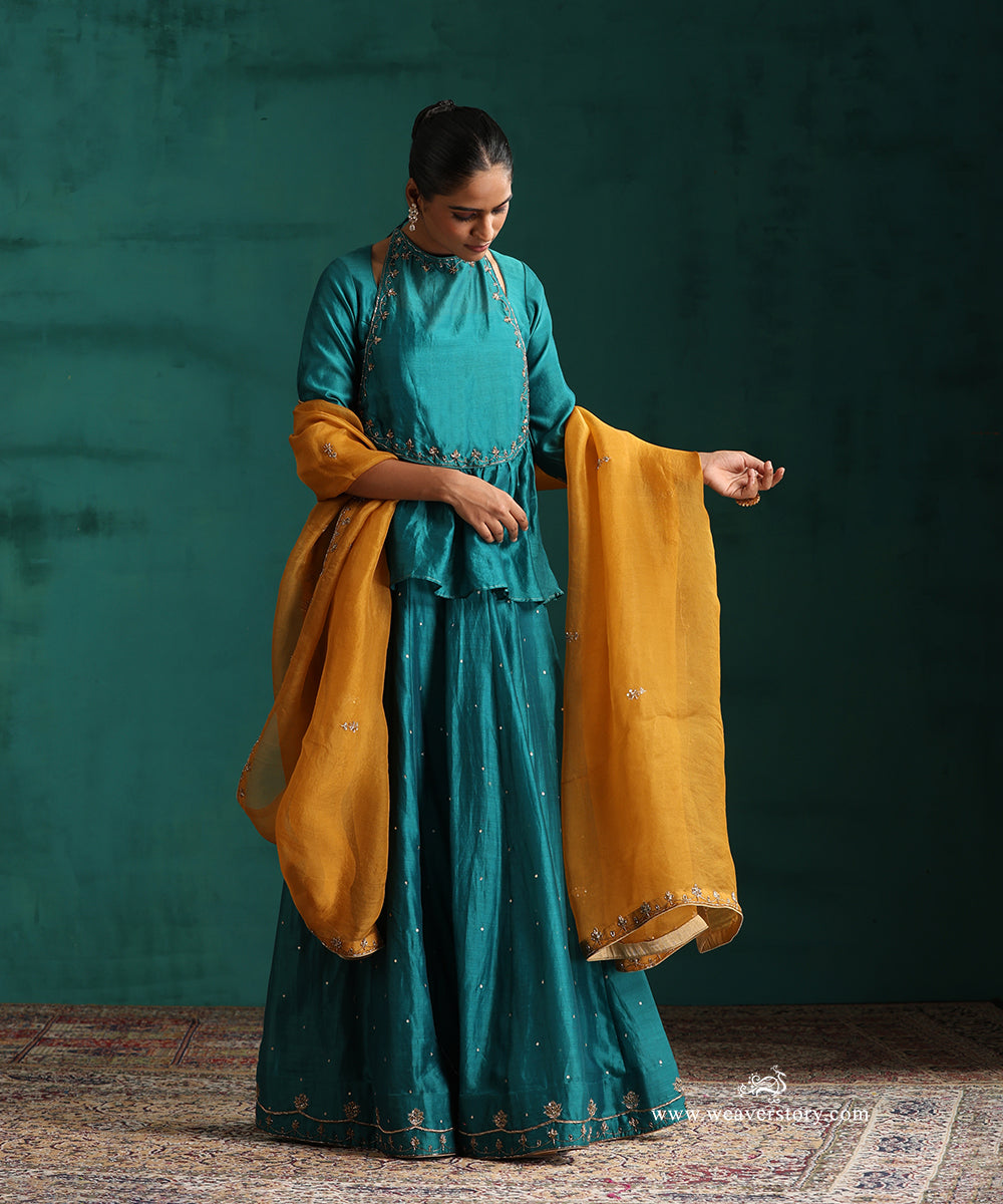Handloom Teal Chanderi Hand Embroidered Lehenga Set with Mustard Organza Dupatta