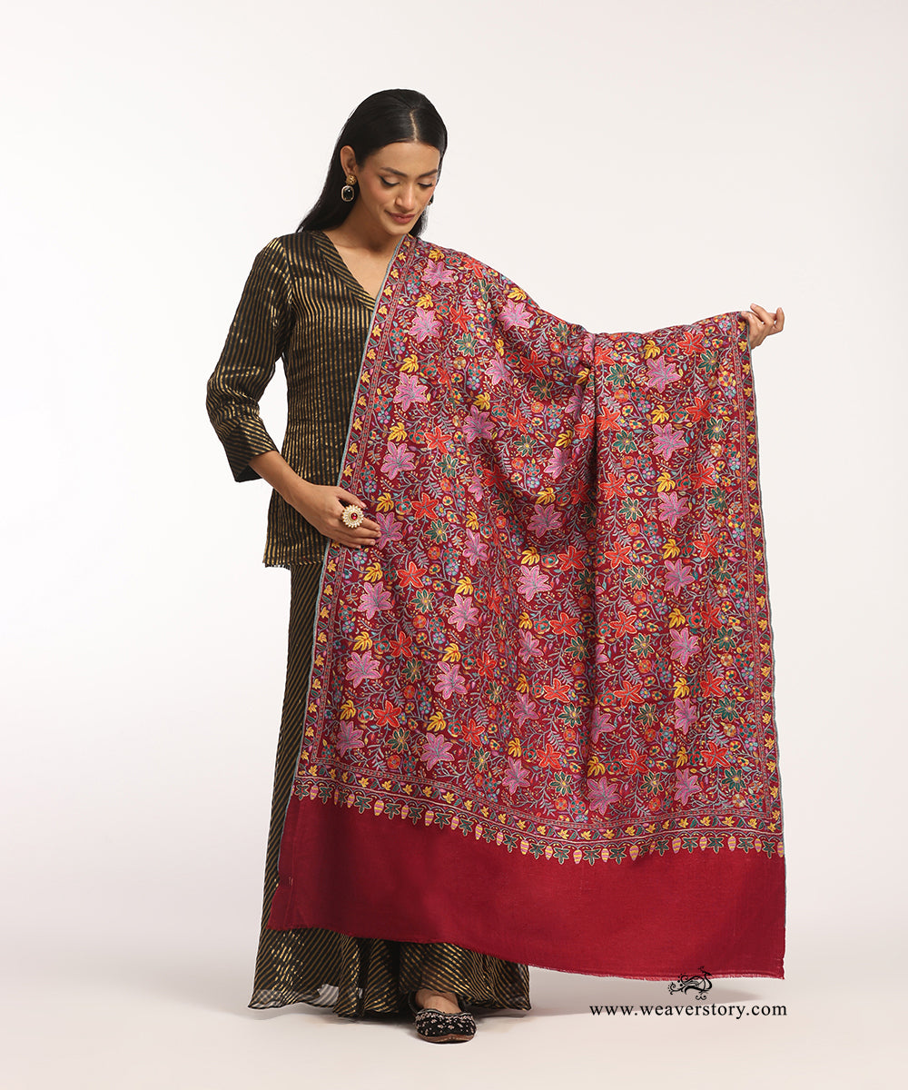 Handwoven Maroon Jamawar Pure Pashmina Shawl With Tilla Work