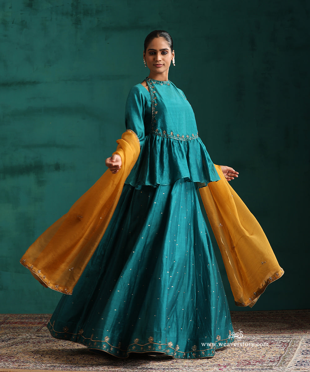 Handloom Teal Chanderi Hand Embroidered Lehenga Set with Mustard Organza Dupatta