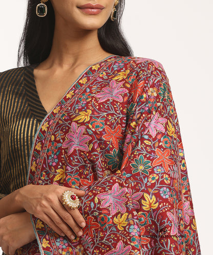 Handwoven Maroon Jamawar Pure Pashmina Shawl With Tilla Work