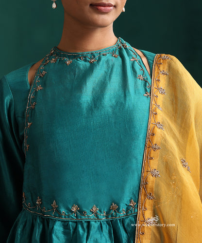 Handloom Teal Chanderi Hand Embroidered Lehenga Set with Mustard Organza Dupatta